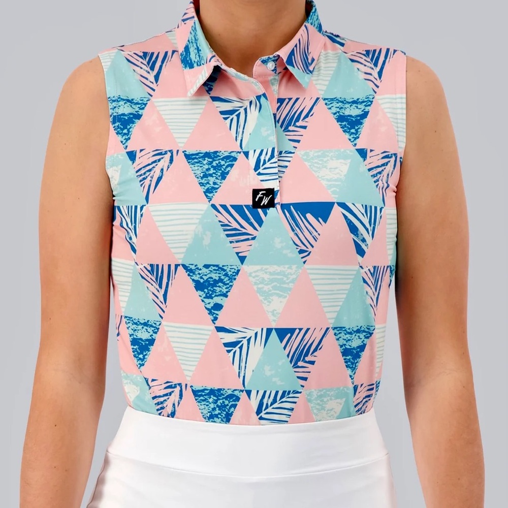 Full Wedge Golf Polo Women's Sleeveless Geometric Print Top - Pink and Blue